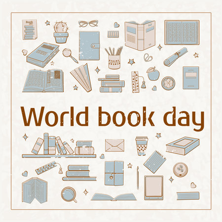 Retro illustration for the World Book Day with many elements and congratulations. simple vector illustration.のイラスト素材