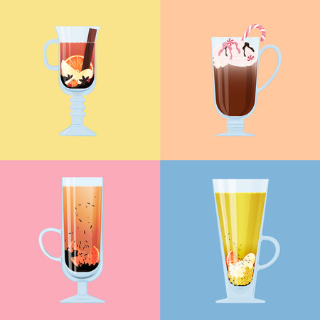 Colorful drinks in colored squares. bright stickers. A design element.のイラスト素材