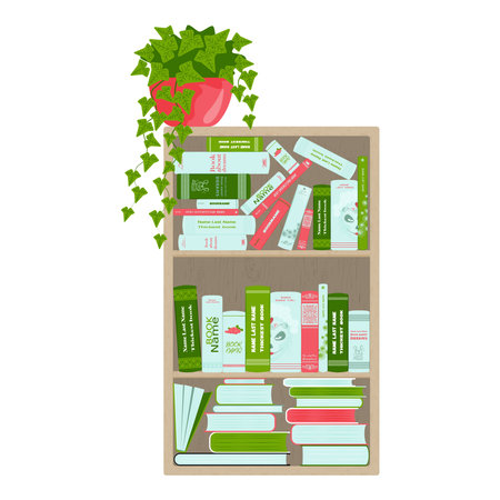 Paper books, potted plants on shelf. Wood bookshelf, furniture for literature rows store, storage. Trendy wooden bookcase in retro style. Flat vector illustration isolated on white background.のイラスト素材