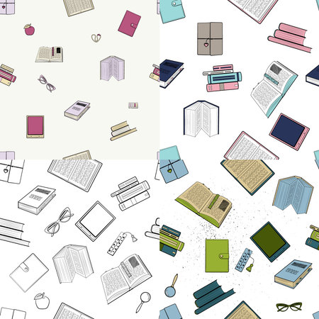 A set of four book patterns. Books are colored with a black outline, open, closed, stacked.のイラスト素材