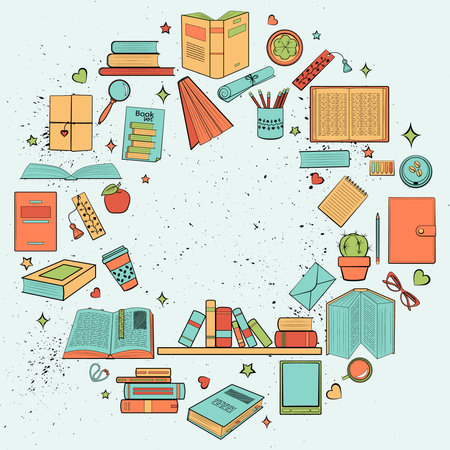 Vector illustration of books in round frame shape for emblem or name template. Colorful illustration in the form of a round frame with books, lots of elements and ink spots. simple vector illustration.のイラスト素材