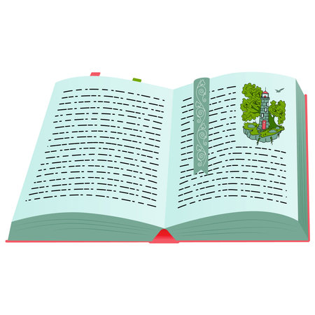 Open book or encyclopedia, textbook for students in school or university. Isolated publication with pictures and text. Personal journal or magazine, notebook copybook for notes. vector in flat style.のイラスト素材