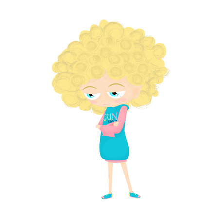 A sad girl with blue eyes and blonde hair. vector illustration.のイラスト素材