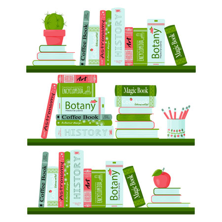 Three bookshelves with different colorful books. Education or bookstore concept. vector illustration.のイラスト素材