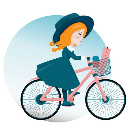 A red-haired girl on a bicycle with a suitcase and a cactus. A cartoon girl in a hat rides a bicycle. Vector illustration on a white background.のイラスト素材