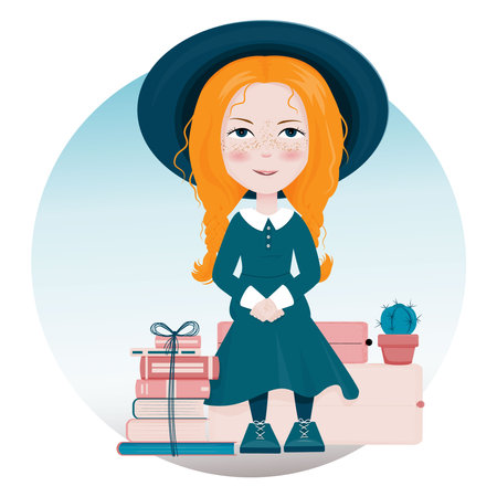 Red-haired girl with a suitcase, a stack of books and a cactus. Cartoon girl in a hat with a suitcase. Vector illustration isolated on white background.のイラスト素材