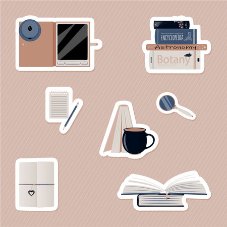 A set of seven stickers with stationery and books. Bundle of decoration for daily planner, journal, scrapbook. vector illustration.のイラスト素材