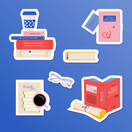 A set of stickers with books and stationery. vector illustration.のイラスト素材