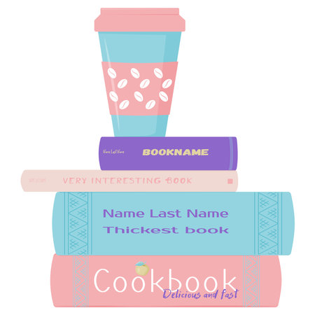 Colored line icon showing pile of books and coffee paper cup with cap. Love reading concept with heart symbols. Vector illustration isolated.のイラスト素材