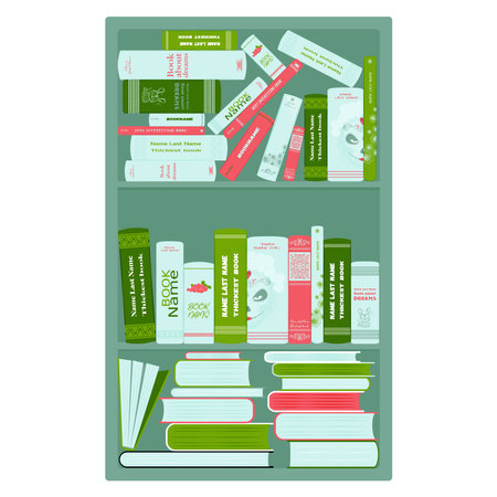Bookcase with three shelves, shelving with colorful books in flat style vector illustration isolated on white background.のイラスト素材