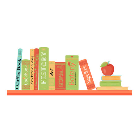 Set of books lying on bookshelf - flat color line icon. Study journals and apple in linear minimal design. back to school. vector illustration.のイラスト素材