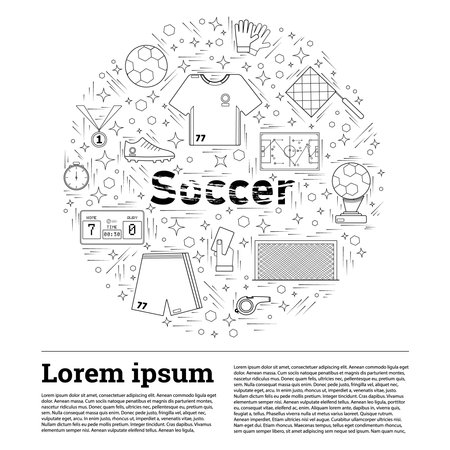 Line art vector of Soccer cartoon doodle objects, symbols and text. Round frame composition on White Background.のイラスト素材