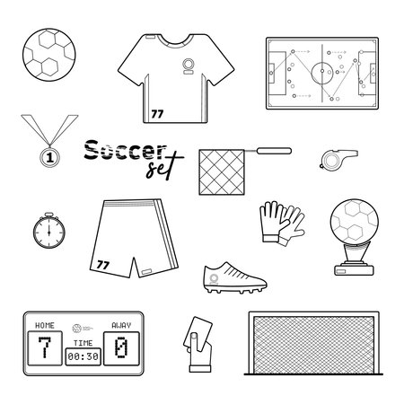 Black and white flat soccer elements set. Sport theme vector illustration for icon, sticker sign, patch, certificate badge, gift card, stamp logo, label, poster, web banner, flayer.のイラスト素材