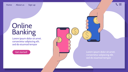 Online banking. Transfer money. User experience for web and applications with modern woman using technology devices and gadgetsのイラスト素材