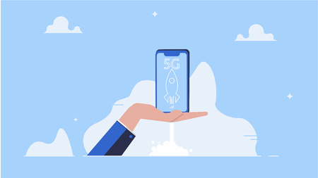 5G Internet connection with rocket. Mobile phone in hand. Network system in cloudsのイラスト素材
