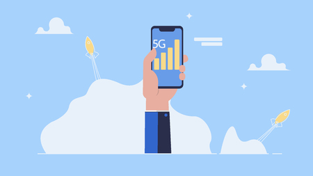 5G Internet connection with rocket. Mobile phone in hand. Network system in cloudsのイラスト素材