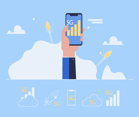 5G Internet connection with rocket. Mobile phone in hand. Network system in cloudsのイラスト素材