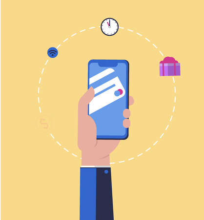 Online banking. Transfer money. User experience for web and applications with modern woman using technology devices and gadgetsのイラスト素材