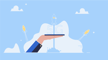 5G Internet connection with rocket. Mobile phone in hand. Network system in cloudsのイラスト素材