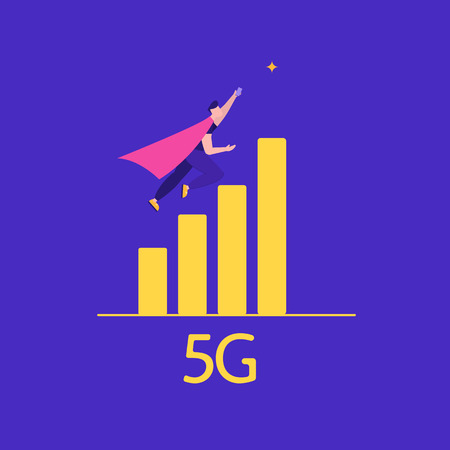 Concept of 5G Internet connection with rocket. Mobile phone in hand. Network system in clouds. Vector illustration in flat designのイラスト素材