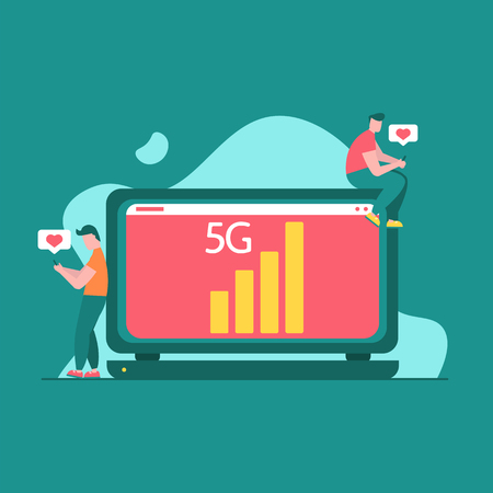 Concept of 5G Internet connection with rocket. Mobile phone in hand. Network system in clouds. Vector illustration in flat designのイラスト素材