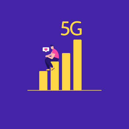 Concept of 5G Internet connection with rocket. Mobile phone in hand. Network system in clouds....