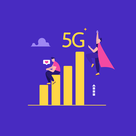 Concept of 5G Internet connection with rocket. Mobile phone in hand. Network system in clouds....