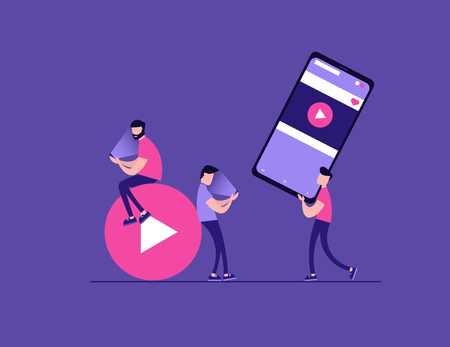 Concept of webinar, online learning, web education, internet addiction and business training. Vector illustration in flat design with tiny peopleのイラスト素材