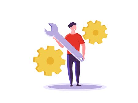 Repairmen, repair phone, fix app concept. Phone repair illustration with worker with spanner and equipment.のイラスト素材