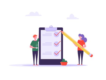 Concept of time management, checklist, business tasks. Positive business man with a giant pencil beside to a checklist marked on paper on the clipboard.のイラスト素材