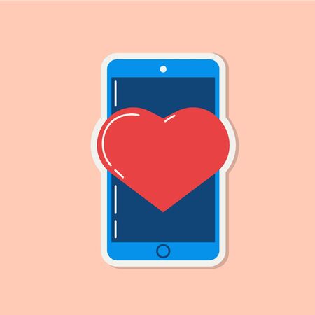 Love icon with heart on phone. Romantic element of love message. Valentines day sticker with symbols of romantic message. Vector illsutration in flat designのイラスト素材