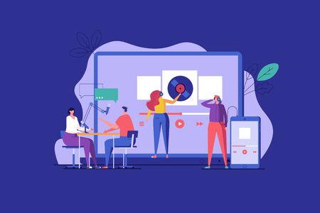 Concept of radio station, listening music and podcasting. Group of modern people listening to music, podcast or radio using mobile app online. Vector flat illustration for UI web bannerのイラスト素材