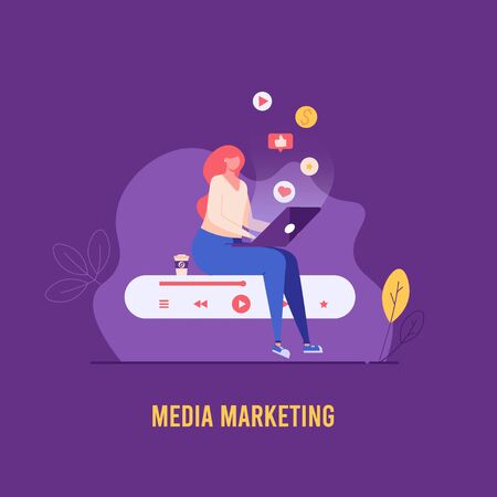 Successful woman sitting and watching on laptop with media player. Media marketing agency. Concept of video marketing, streaming service. Vector illustration for UI, web banner, mobile appのイラスト素材