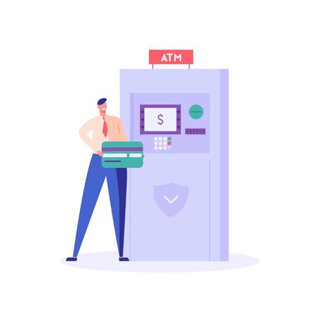 Successful man use atm machine with credit card. Customer near atm. Concept of banking, withdrawal from ATM, digital bank service. Vector illustration in flat design for UI, web banner, mobile appのイラスト素材