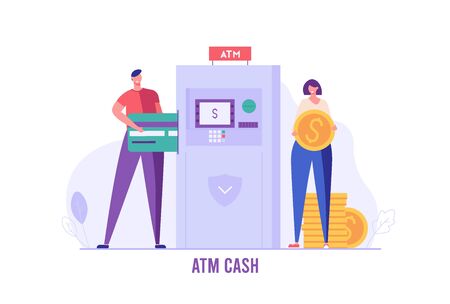 People using atm machine with money. Customers standing near atm. Concept of banking, withdrawal from ATM, digital bank service. Vector illustration in flat design for UI, web banner, mobile appのイラスト素材