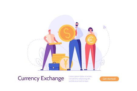 People exchange money in different currency with coins euro dollar  yen. Concept of banking, currency exchange, digital currencies. Vector illustration in flat design for UI, web banner, mobile appのイラスト素材