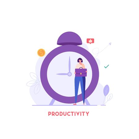 Woman controls time. Businesswoman manages tasks and works efficiently. Concept of time management, productivity, multitasking. Vector illustration in flat design for UI, web banner, landing pageのイラスト素材