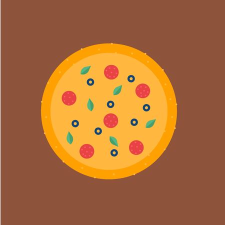 Isolated pizza. Pepperoni pizza with leaves. Mediterranean food elements. Pizza icon. Concept of italian food, mediterranean cuisine, pizza delivery, olive oil. Vector illustration in flat designのイラスト素材