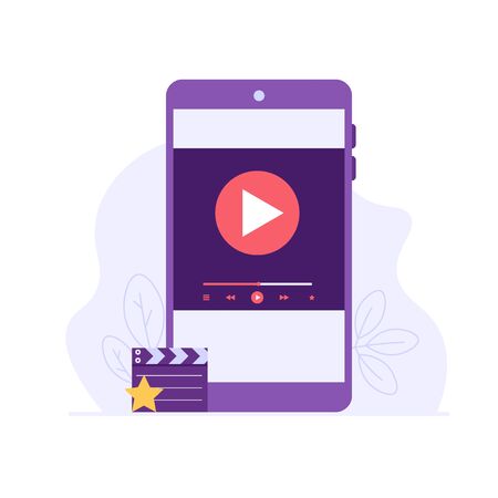 Using and watching streaming service with mobile phone. Streaming cinema concept. Concept of video marketing, online cinema. Vector illustration for UI, web banner, mobile appのイラスト素材
