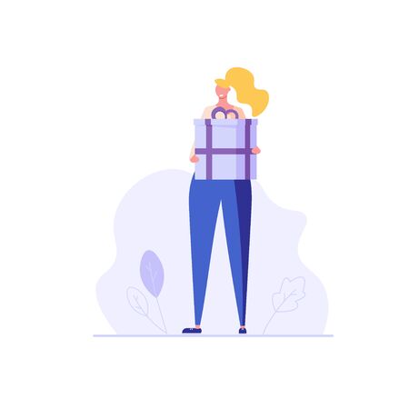 Woman standing and holding gift box. Reward program and receiving rewards. Concept of earn reward loyalty, bonus, business award. Vector illustration for UI, mobile appのイラスト素材