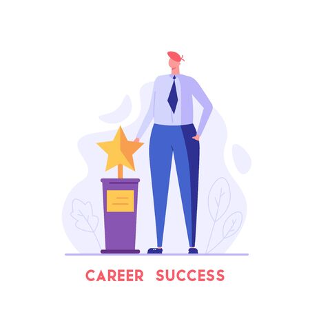 Man standing and holding winner star award. Reward program and best employee of the month. Concept of earn reward loyalty, career success, leadership. Vector illustration for UI, mobile appのイラスト素材