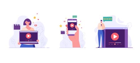 People with mobile phone using and watching streaming service with clapper. Streaming cinema concept. Set of video marketing, online cinema. Vector illustration for UI, web banner, mobile appのイラスト素材