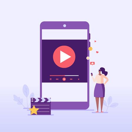 Woman with mobile phone using and watching streaming service with clapper. Streaming cinema concept. Concept of video marketing, online cinema. Vector illustration for UI, web banner, mobile appのイラスト素材
