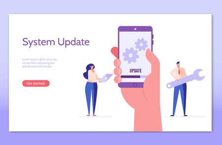 People updating operation system with progress bar. Software upgrade and installation program. Concept of system update, integration, software installation. Vector illustration for UI, mobile app