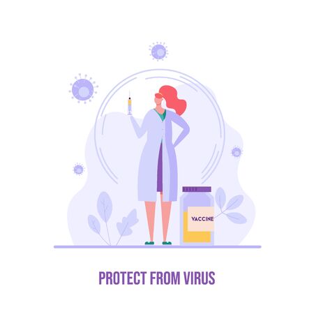 Medical worker or doctor vaccinating against virus in clinic. Protect from virus. Concept of vaccine, coronavirus, vaccination, immunization, covid-19. Vector illustration in flat designのイラスト素材