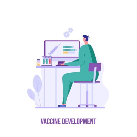 Medical worker or doctor making vaccine against virus in clinic. Vaccine development. Concept of vaccine, coronavirus, vaccination, immunization, covid-19. Vector illustration in flat designのイラスト素材