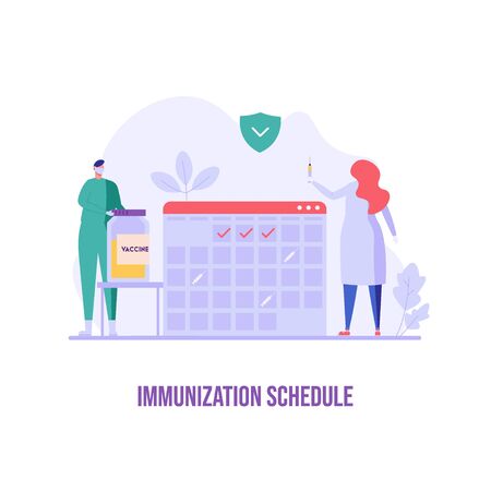 Medical worker and doctor vaccinating against virus in clinic. Vaccination calendar. Concept of vaccine, coronavirus, vaccination, immunization schedule. Vector illustration in flat designのイラスト素材