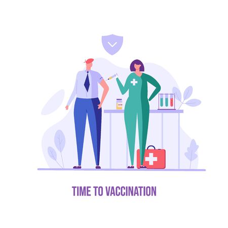 Medical worker or doctor vaccinating patient in clinic. Protect from virus. Concept of vaccine, coronavirus, vaccination, immunization, covid-19. Vector illustration in flat designのイラスト素材