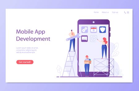 Development team developing mobile application. Mobile application development. Concept of app development, mobile interface, designing and programming technologies. Vector illustration for UI, mobile appのイラスト素材