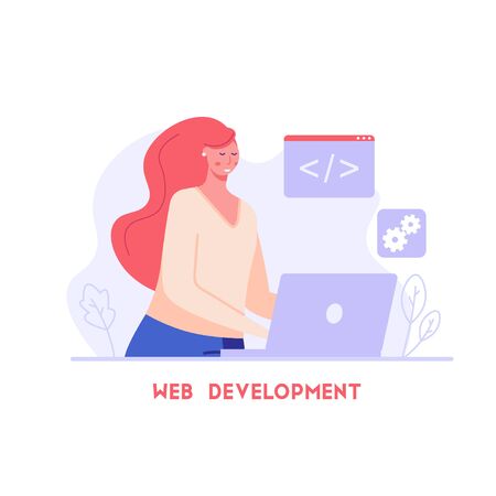 Woman developing mobile or web product. Web development. Concept of app development, UI interface, designing and programming. Vector illustration for UI, mobile appのイラスト素材